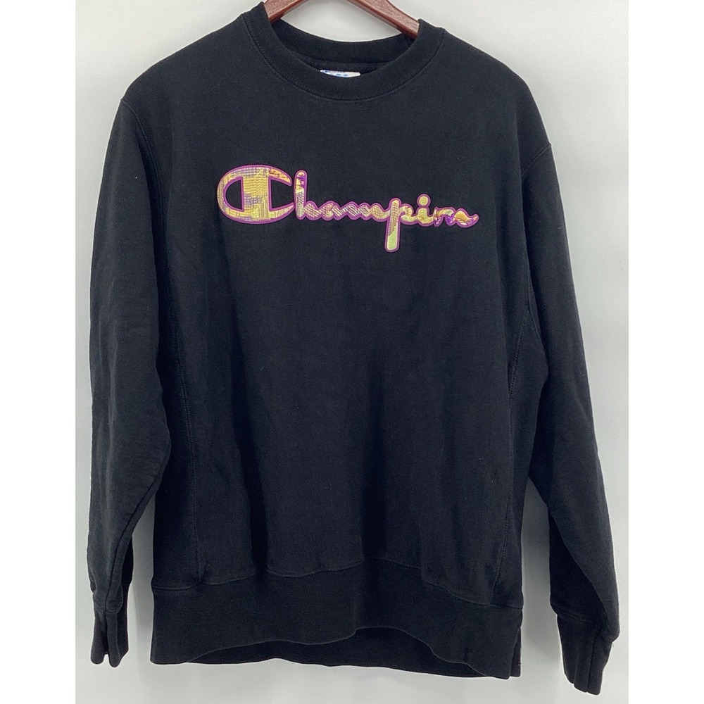 Champion Mens Reverse Weave Graphic Sweatshirt Jumper Black Cotton Size Large